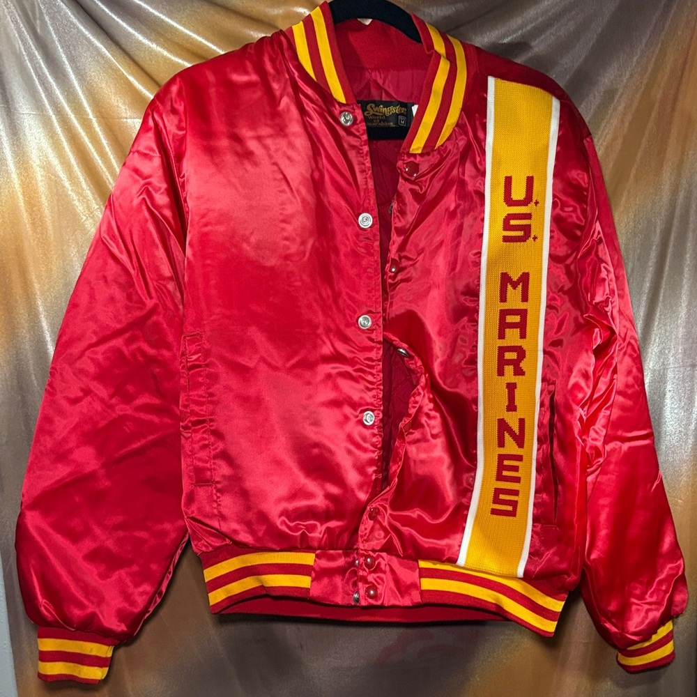 US Marines Red Satin Bomber Jacket with Yellow Stripe size M. C3